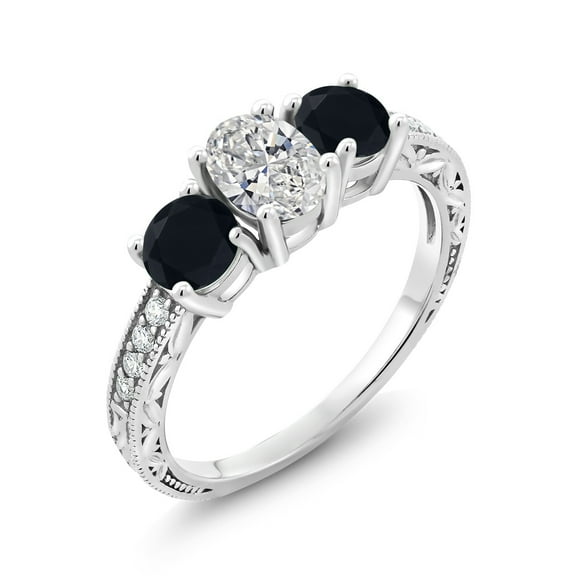 Gem Stone King 10K White Gold Lab Grown Diamond and Black Onyx 3 Stone Engagement Ring for Women | 1.73 Cttw | Center Diamond Oval 1 Ct | DEF Color | VVS-VS Clarity | Size 9