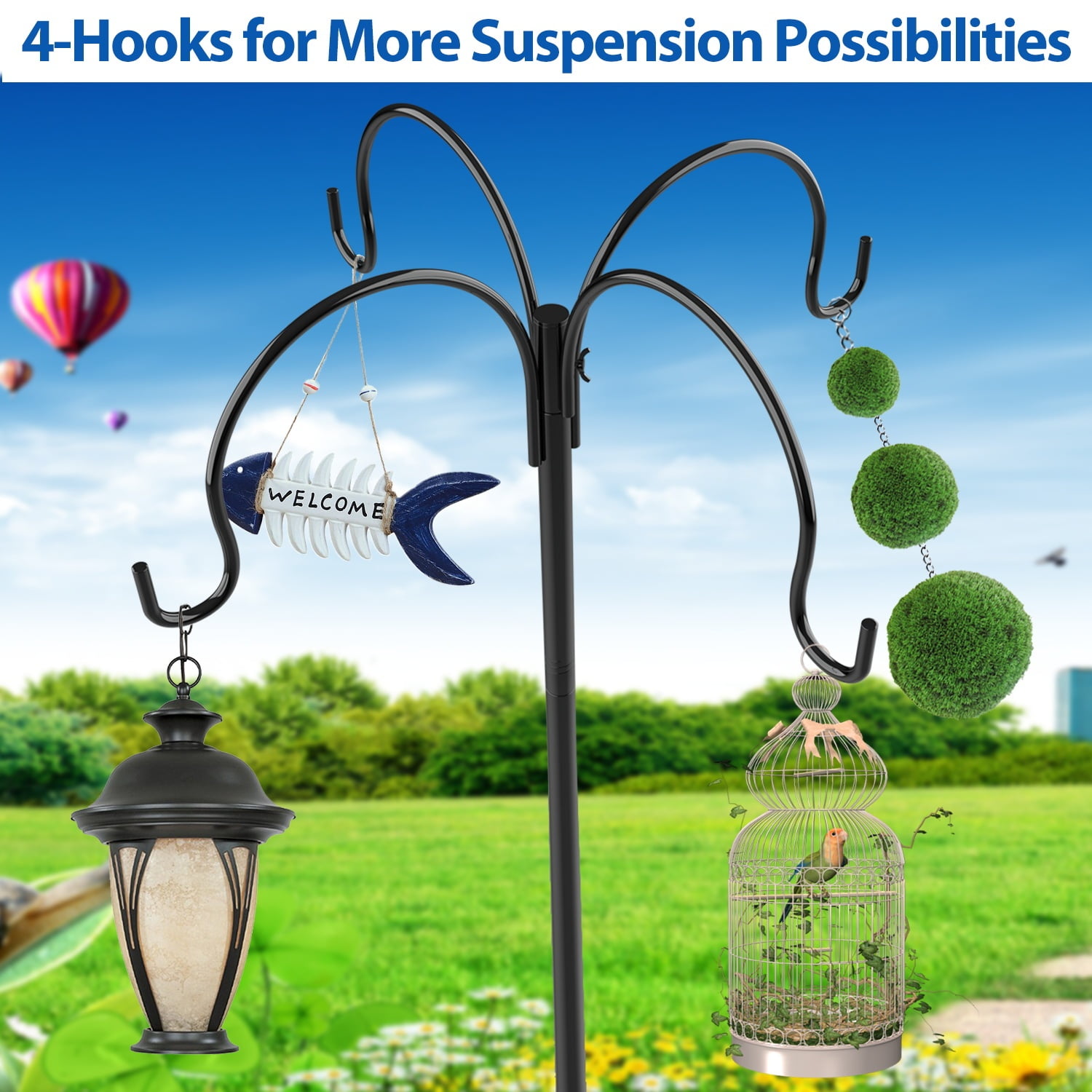 4-Hooks Shepherds Hooks for Outdoor, 88" Heavy Duty Bird Feeder Pole with 5 Prongs Base, Adjustable Garden Hook for Hanging Solar Light, Lanterns, Plant