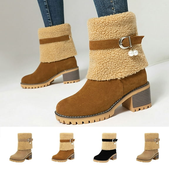 Knee High Boots Women Fashion Casual Winter Warm Ankle Boots Solid Color Belt Buckle Round Toe Chunky Heel High Heel Ankle Boots