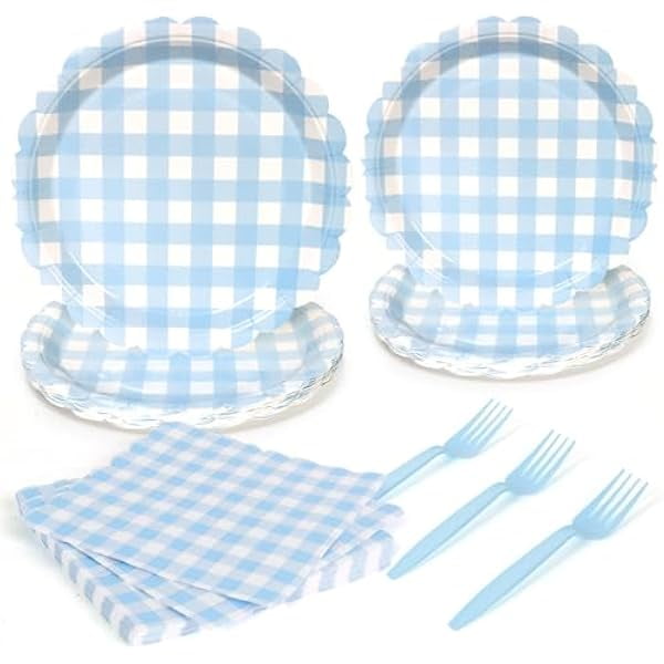 wonima02 96pcs Blue Gingham Plates and Napkins Forks Plaid Disposable Tableware Set Lace Paper Plates for 24 Guest Picnic Wedding Baby Shower Tea Kids Birthday Party Supplies Decrations