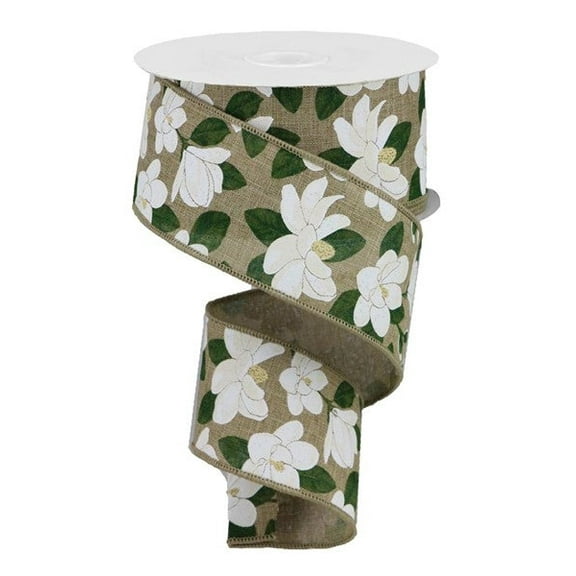 Magnolia Flower Canvas Wired Edge Ribbon, 2.5" x 10 Yards,Light Beige, White, Green