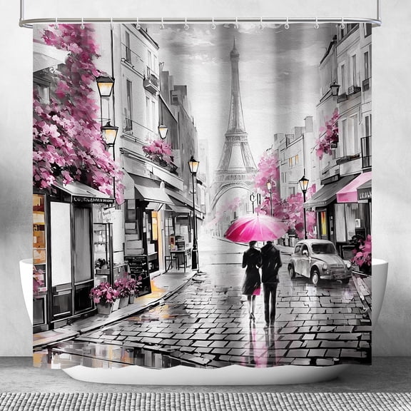 Paris Eiffel Tower Shower Curtain 72Wx72H Inch Modern Lovers Walk On Rainy France Street Pink Oil Painting Shower Curtains Romantic Vintage Gray Waterproof Fabric Shower Curtain with Hooks