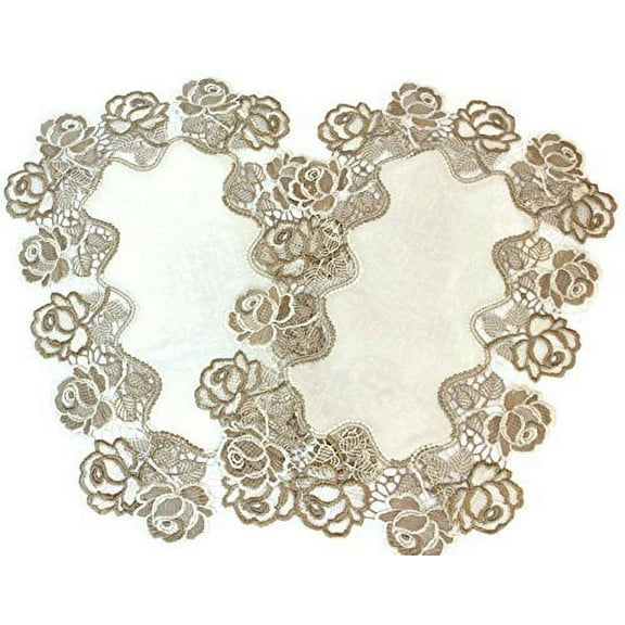 Doily Boutique Placemats Set of 2 with Cocoa and Antique White Lace Roses on Antique Fabric Size 12 x 18 inches
