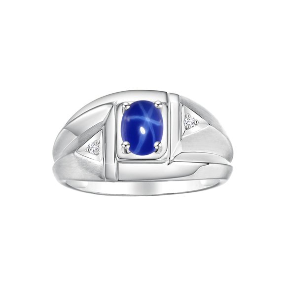 Rylos Sterling Silver Classic 6X4MM Oval Blue Star Sapphire & Sparkling Diamond Ring - Birthstone Jewelry for Men -Size 8