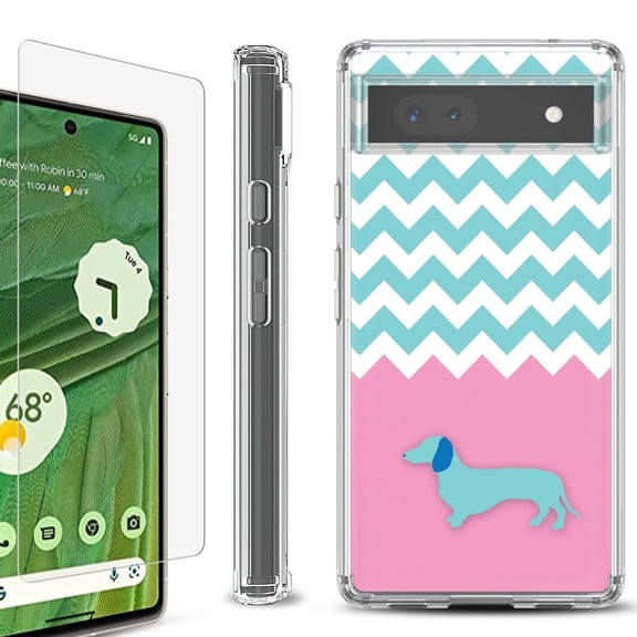 Shockproof Bumper Phone Case for Google Pixel 6a, with Tempered Glass Screen Protector, by OneToughShield ® - Chevron/Dachshund/Puppy