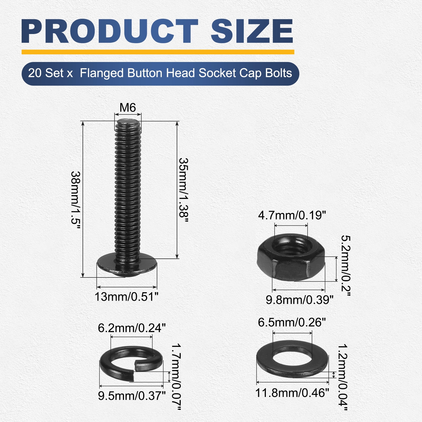 20 Set M6 x 35mm Flanged Button Head Socket Cap Screws, Black 304 Stainless Steel 18-8 Hex Socket Head Screws Bolts, Nuts, Flat & Lock Washers for DIY, Furniture, Automotive