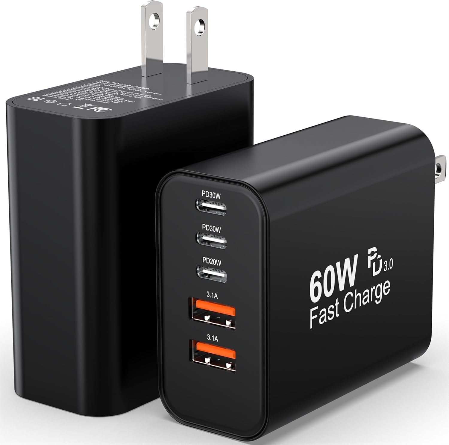 RGHJAR-60W USB-C Charger Block (2-Pack), 5-Port Fast Charging Hub (3 USB-C, 2 USB-A), PD 3.0 Type C Power Brick Compatible with iPhone 17/16/15, iPad, & Samsung Galaxy - Black