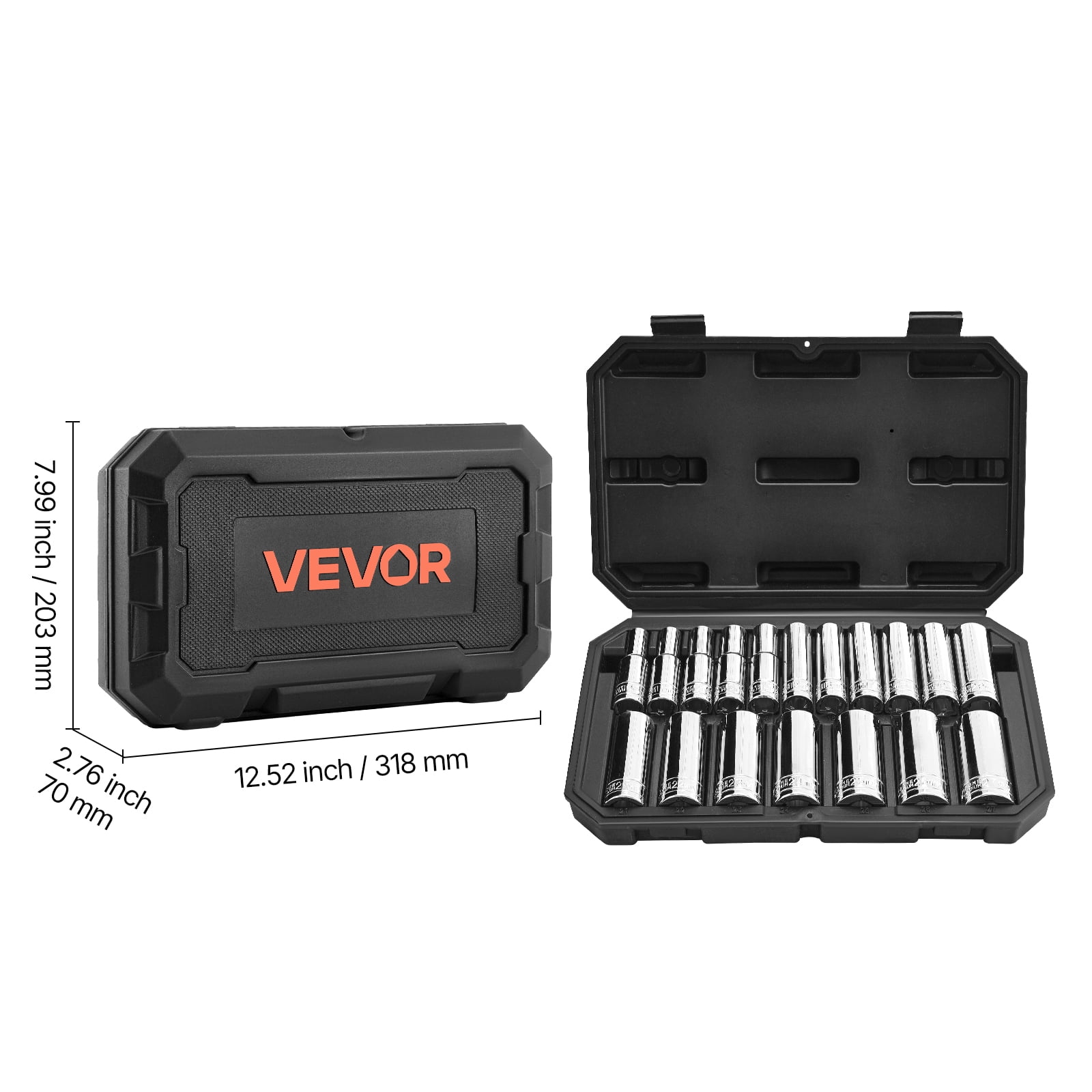 VEVOR Socket Set, 18 Pieces, 1/2 inch Drive Socket Tool Set, Metric Size from 10 to 27 mm, Mechanic Tool Kit with Storage Case, Clear Markings, Chrome Plated CR-V Alloy Steel, for Automotive Repair