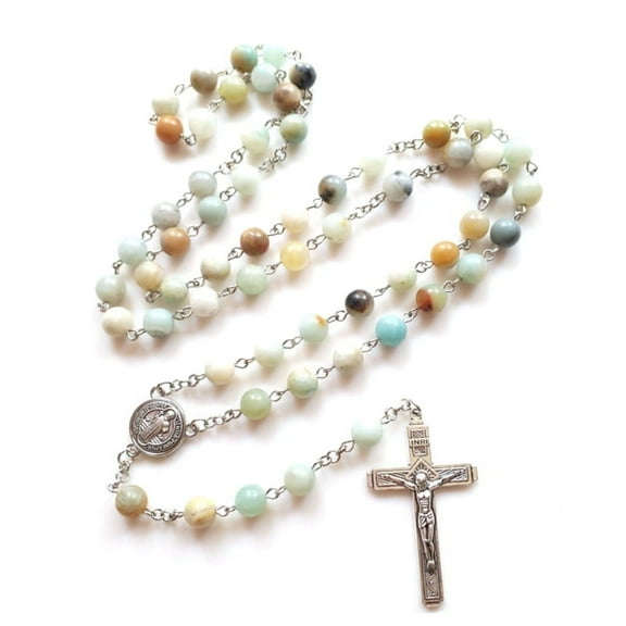 Natural Stone Beads Rosary Necklace Catholic Cross Pendant Necklaces for Women