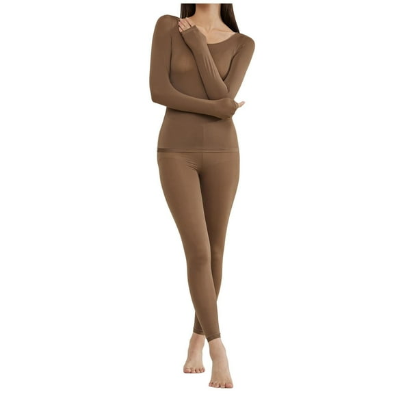 ibiyuan Thermal Underwear for Women Long Johns with Lined Long Sleeve Shirt Legging Lounge Set Cold Weather Top Bottom,Coffee