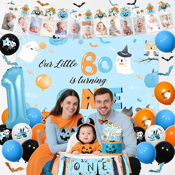 Partiqla Halloween 1st Birthday Party Decor Blue Our Little Boo is Turning One Backdrop High Chair Banner Foil Balloon Ghost Pumpkin Photo Banner Cake Bat Sticker Balloon Garland Arch Kit for Boys