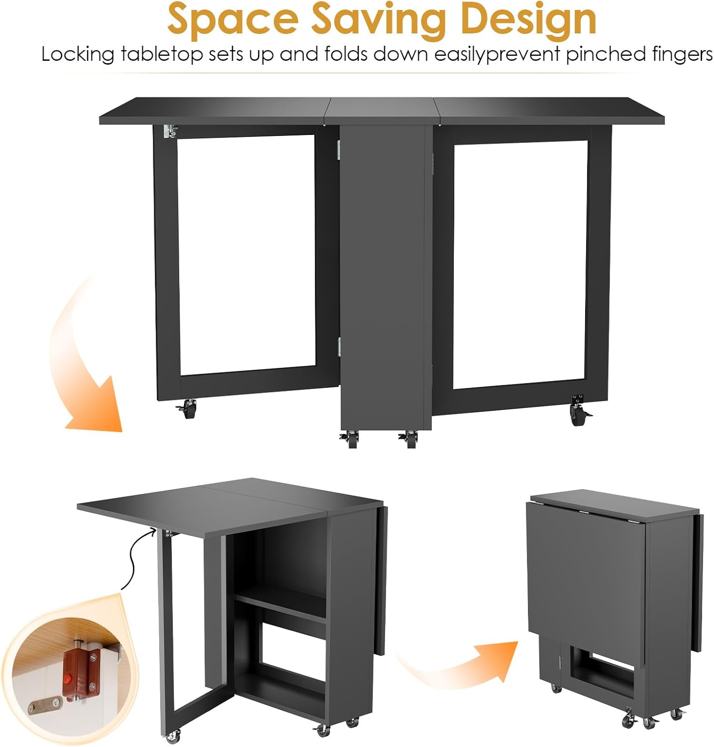 Kuublock Folding Dining Table with 2 Storage Racks, Space Saving Dining Table with 6 Wheels, Kitchen Table for Small Spaces