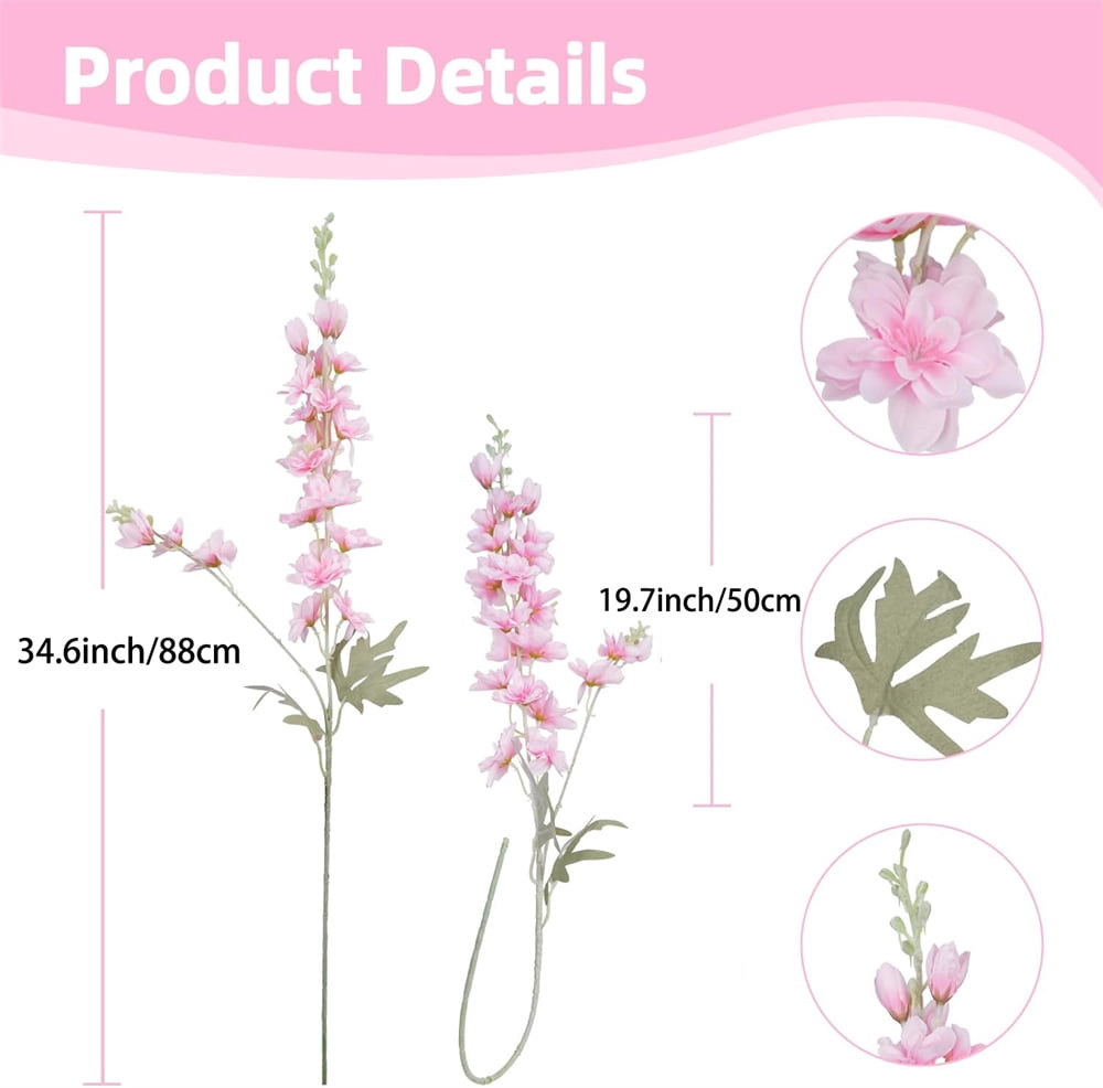 NOGIS 6pcs Delphinium Artificial Flower 34.6'' Pink Silk Flowers Long Silk Larkspur Flowers Plant Floral Faux Bouquets for Tall Vase Wedding Floral Arrangements Floor Home Garden Outdoor Decor