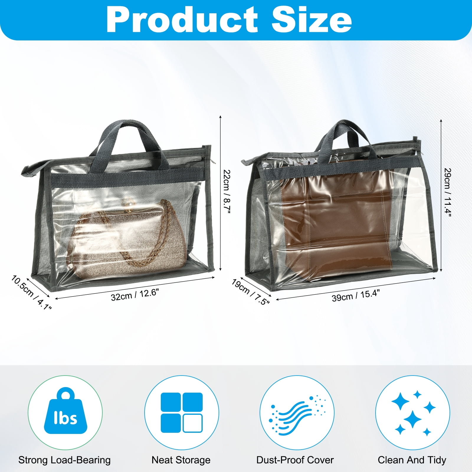 Dust Bags for Handbags, Clear Handbag Organizer Bags Hanging Purse Storage Protector Bag with Zipper Handle for Shoe Scarf Clothes Hat, Gray(2 Bags)