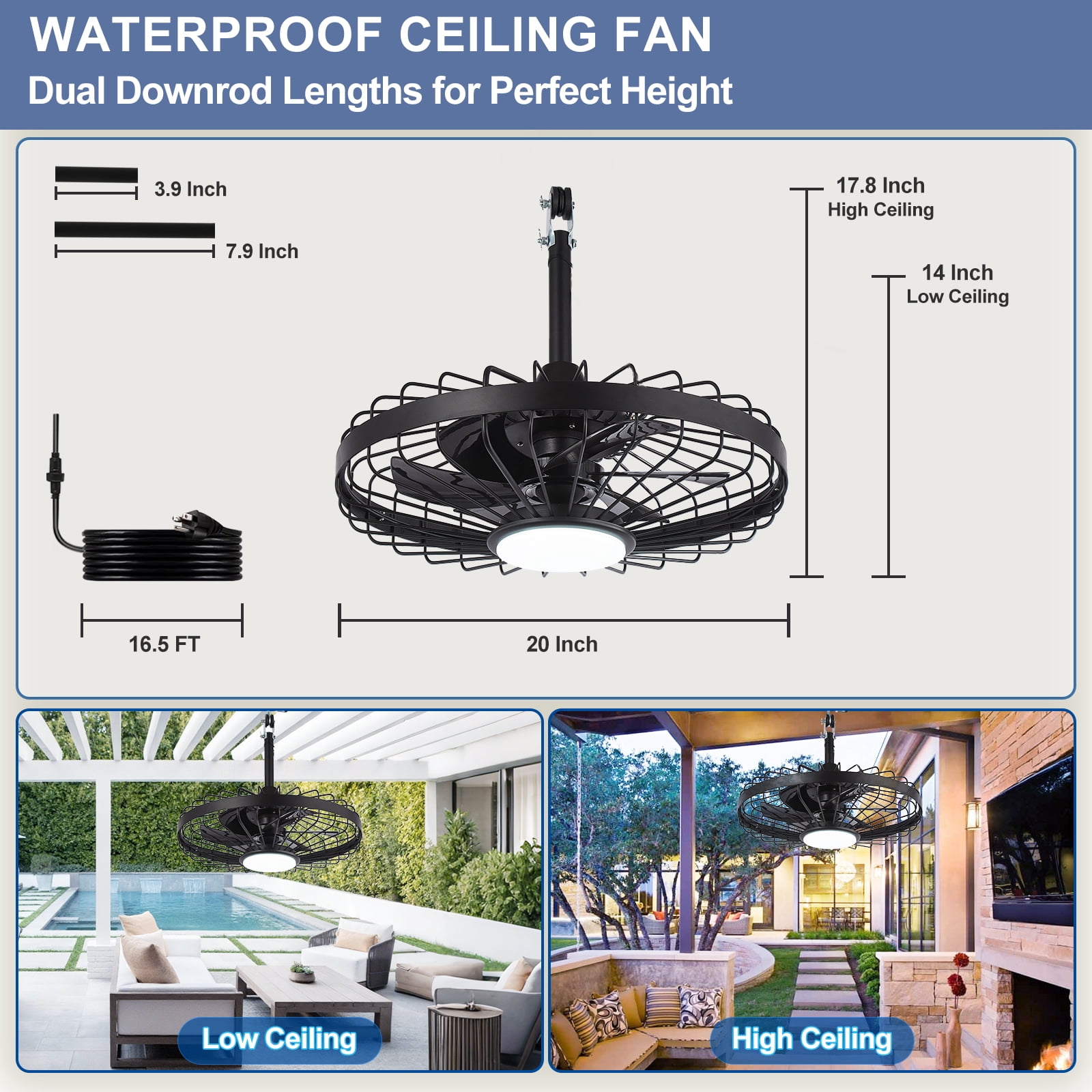 Depuley 20" Waterproof Outdoor Ceiling Fan with Light - IP44 Plug-in, Remote/App Control, 6-Speed Black for Gazebo, Patio, Pergola