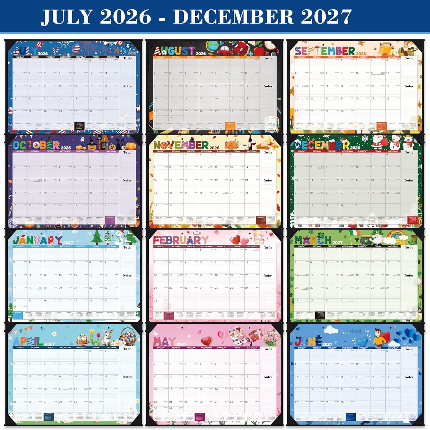 2026-2027 Desk Calendar - Large Desk Calendar 2026-2027, Jul.2026 - Dec.2027, 22" x 17", 18 Months Calendar with Corner Protectors + Large Ruled Blocks, To-do & Notes, 12 Different Themes