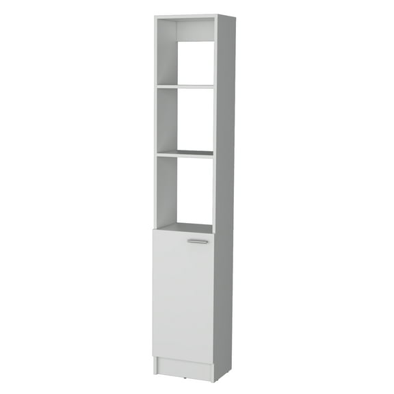 Nmkwnr Single Door Wood Tall Storage Cabinet with 3 Open Shelves and 2 Inner Shelves, Perfect for Living Room, Bathroom, White