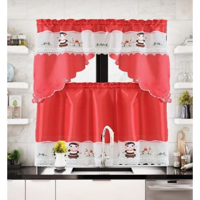 Juego de 3 cortinas para ventana de cocina con bordado floral multicolor de lujo, 2 niveles + 1 cenefa decorativa para cocina y baño, con bolsillo para barra (BR49 - Red Frida)