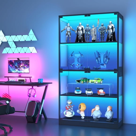 Glass Display Cabinet 4-Tier, Curio Bookcase Cabinets with Glass Doors, 3 Color Lights, Human Body Sensor & Charging Ports, for Living Room, Bedroom, Home Office