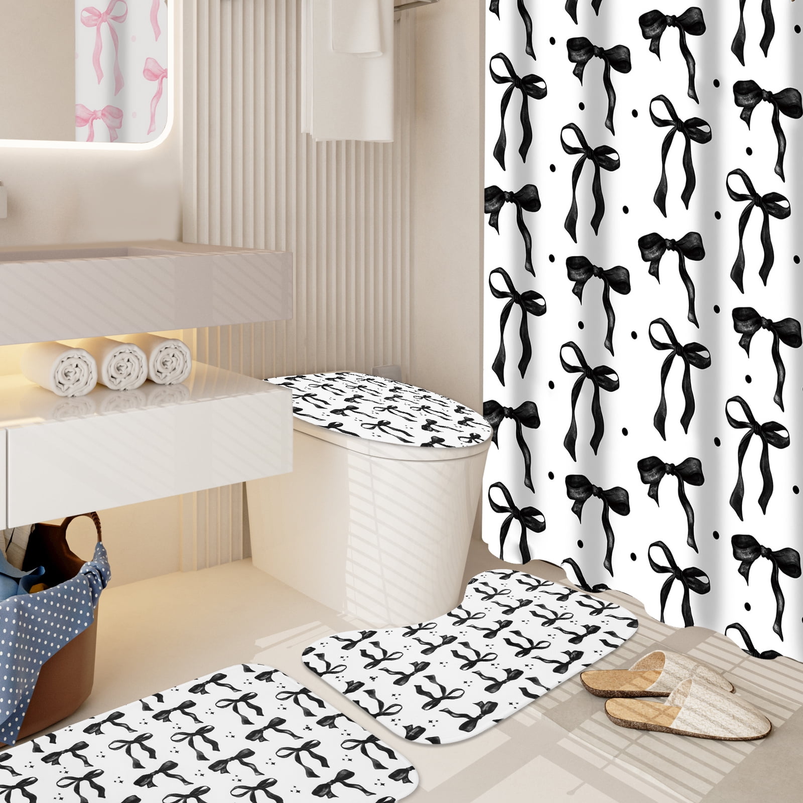 Dznils Black Bow Shower Curtain and Rug Sets, 16pc Modern Fabric Bathroom Curtain Sets, 72" x 72"