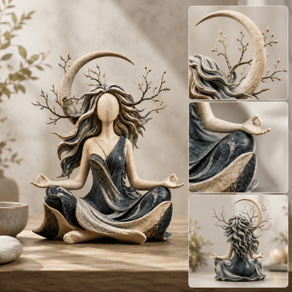 Meditation Goddess Statue, Resin Celestial Woman Figurine with Crescent Moon or Sun Halo, Feminine Spiritual Sculpture, Boho Shelf Decor Gift for Women Yoga Lovers