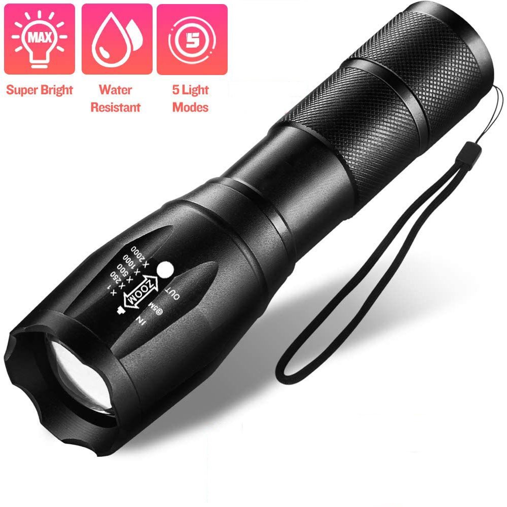 Tactical Flashlight High Lumens LED, Super Bright, Zoomable, 5 Modes