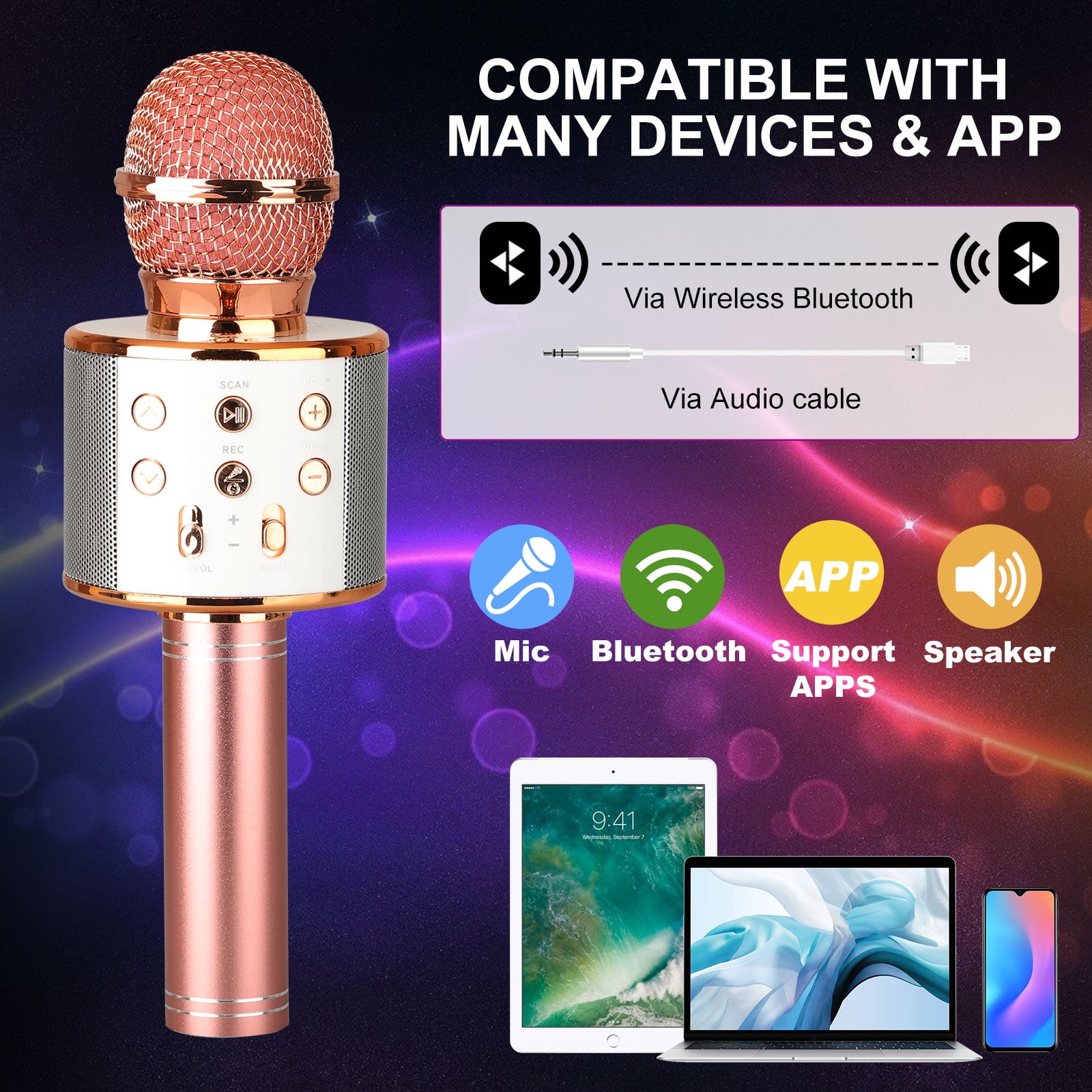 Bluetooth Karaoke Microphone，YKSINX 4-in-1 Speaker Wireless Karaoke Microphone Portable for Home KTV/Outdoor Party/Singing/Recording,Compatible with iPhone/Android/iPad/PC Recorder Voice Changer 