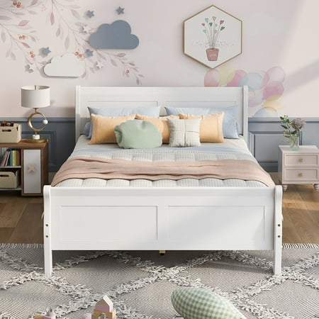 Canddidliike Wood Platform Bed  Queen Size Bed Frame with Headboard - White