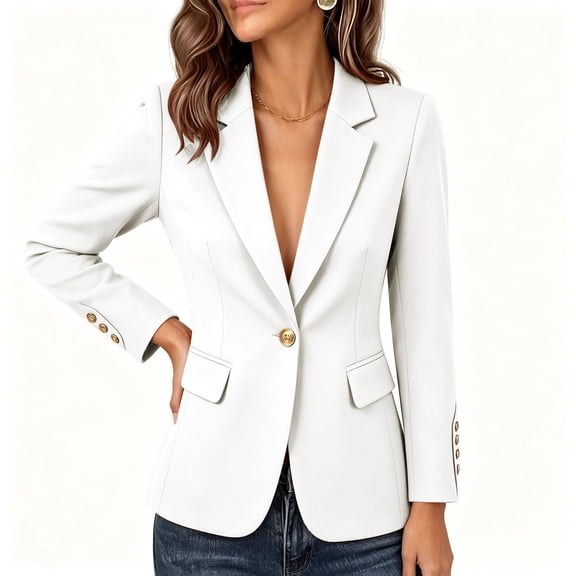 thefmos Women Plus Size Fall Winter Lapel Long Sleeve Button Down Blazer Jackets Elegant Business Work Office Cardigan Outerwear Tops, White XL
