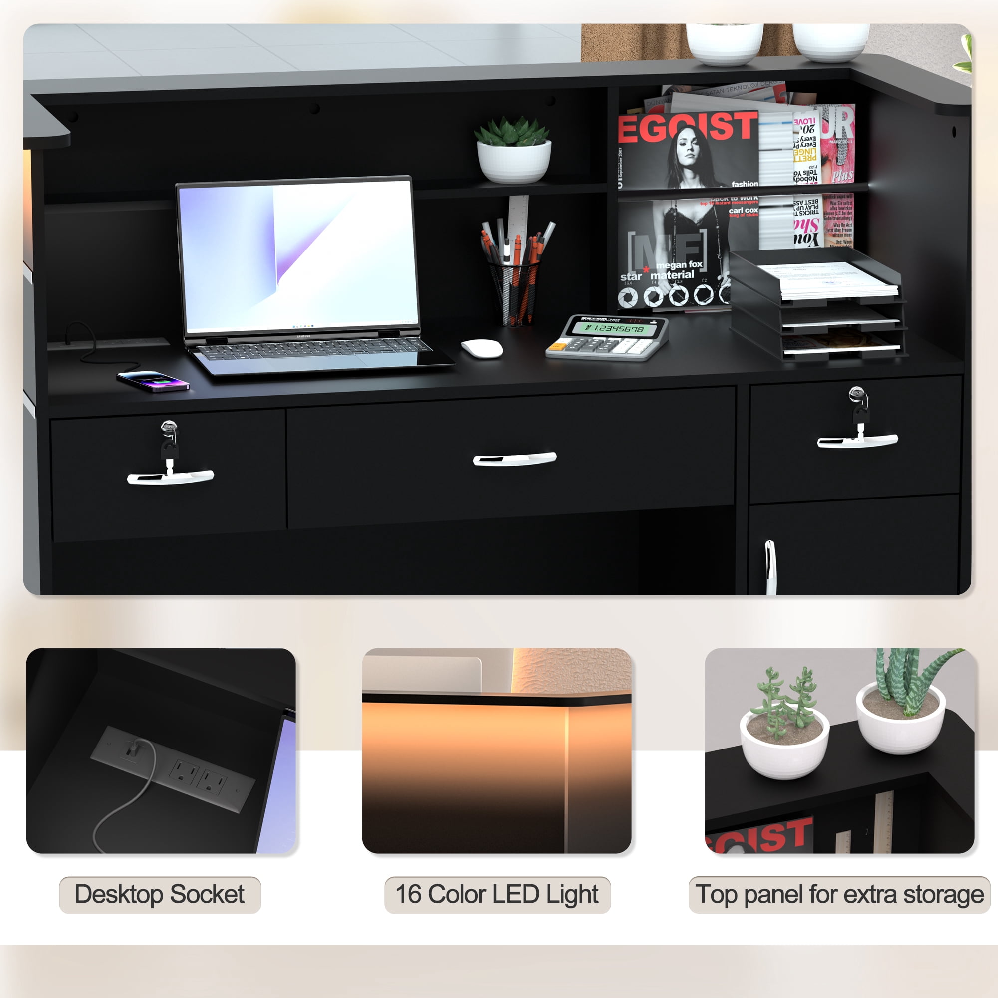 HARIPUL 50-inch Reception Desk with Counter, Front Desk Office Desk with Storage Shelves & LED Lights, Black