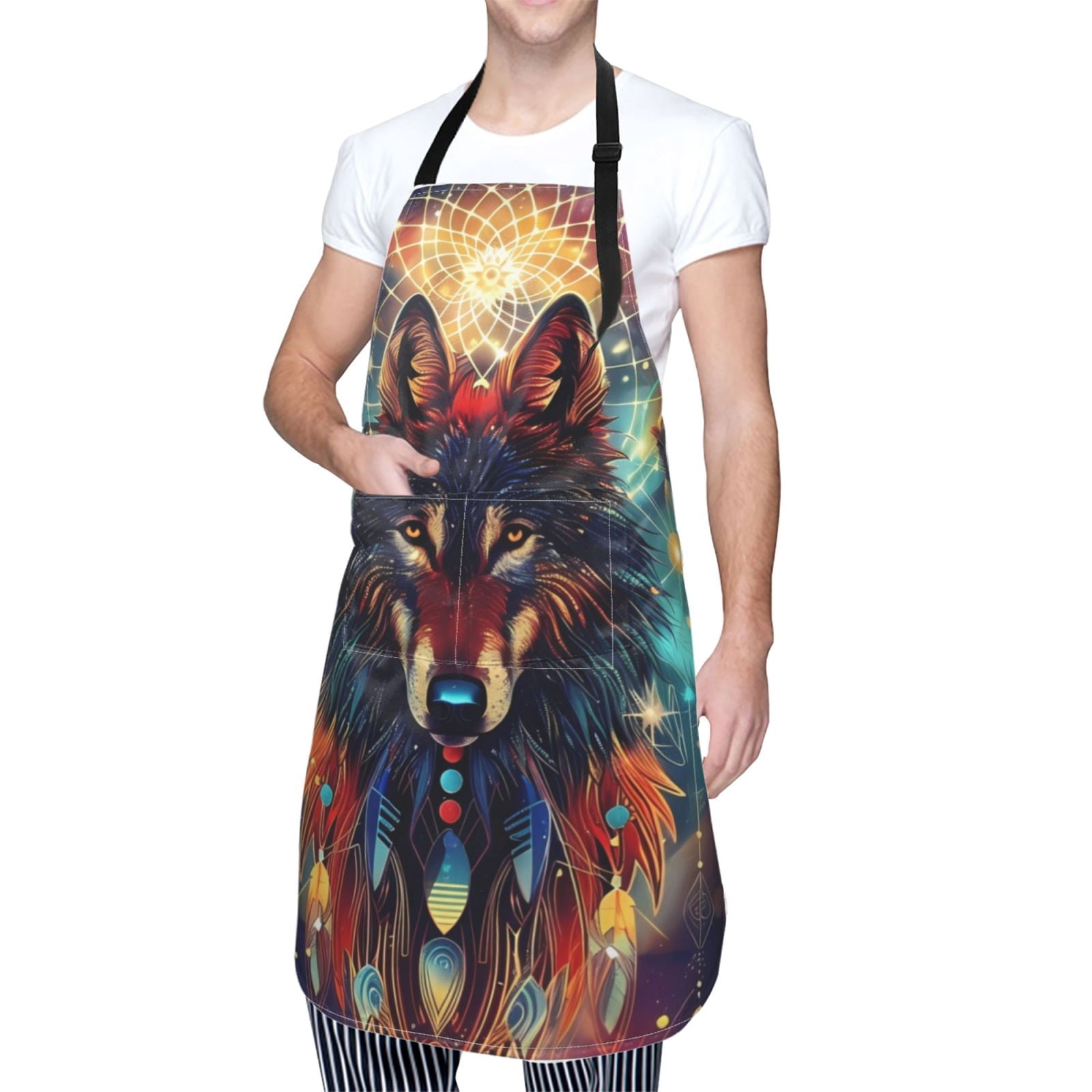 Xecao Mystic Wolf Dreamcatcher Print Kitchen Cooking Aprons, Waterproof Adjustable Bib Aprons with 2 Pockets for Women Men Chef