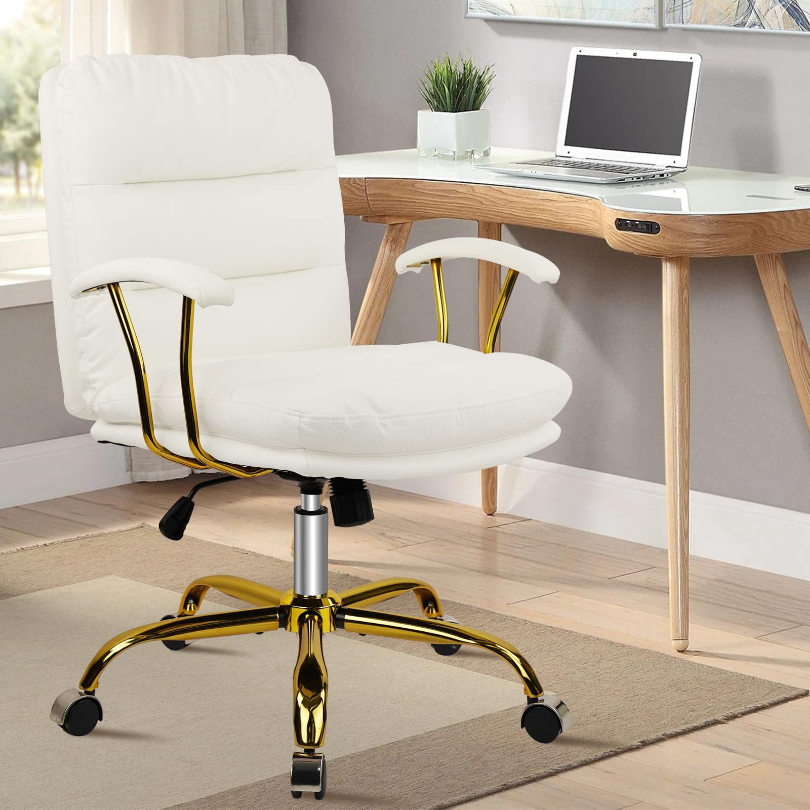 KLASIKA Leather Home Office Desk Chair with Wheels & Armrest, Mid Back Swivel Adjustable Computer Chair for Living Bedroom Office, White/Gold/300LB