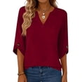 thumbnail image 5 of Womens Dressy 3/4 Sleeve Tops Trendy Cut V Neck Plain Tunic Shirts Cute Casual Solid Color Blouses Spring Summer Outfits Wine L, 5 of 6