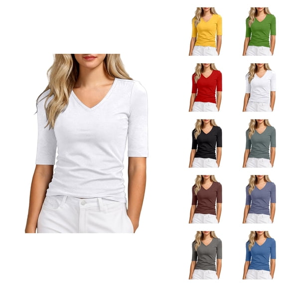 Half Sleeve T Shirts for Women Summer Casual Slim Fit V Neck Fitted Plain Tshirts Womens Undershirt Tees