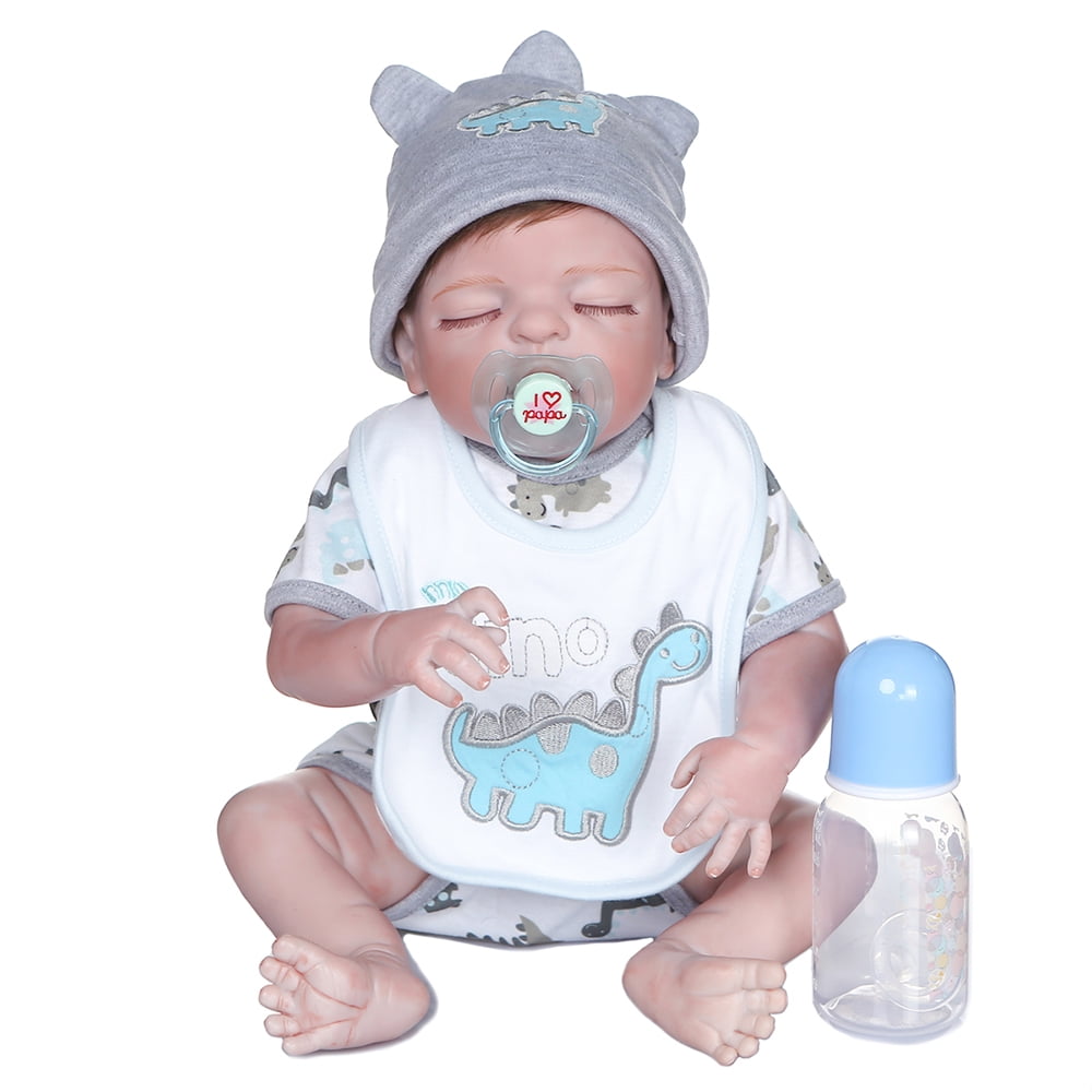 Amdohai Reborn Baby Doll Silicone Full Body 19 inch Lifelike Cute Bath Dolls Sleeping Baby Doll Grey Dinosaur Outfit with Hat and Bib Walmart