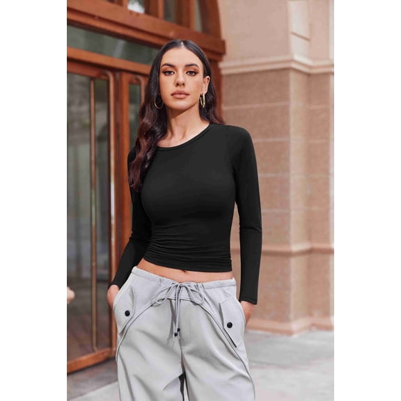 Ekouaer Womens 3 Pack Long Sleeve Shirts Fitted Tops Base Layering Tight Thermal Undershirts Black/Beige/Brown M Black M