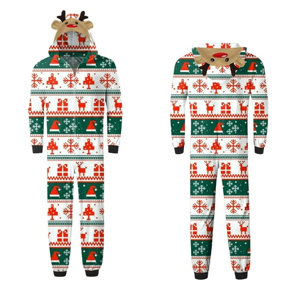 LSLJS Christmas Family Pajamas Matching Sets, Parent-child Warm Christmas Set Printed Home Wear Hoodid Pajamas Dads Jumpsuit, Christmas Pajamas for Adults and Kids Holiday Xmas Sleepwear Set