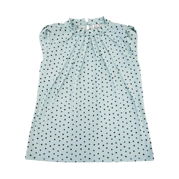 Womens Mint Blue Green Polka Dot Cap Sleeve Pleated Mock Neck Dress Shirt Top XS