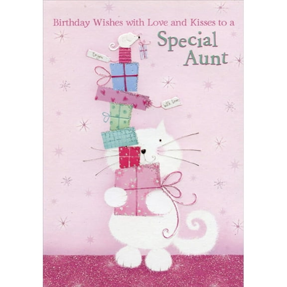 Designer Greetings White Cat Holding Stack of Gifts Juvenile : Kids Birthday Card for Aunt