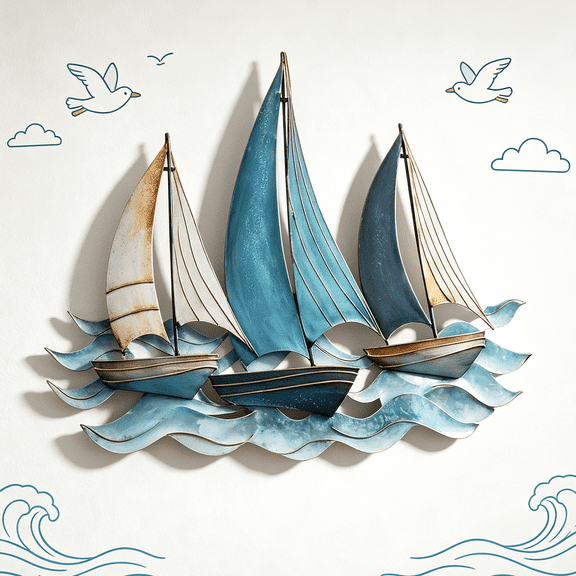 Vintage Style Sailboat Wall Art, 2-Piece Metal Iron Decor, Handcrafted Nautical Wall Sculpture for Home, 15.7x12.5in
