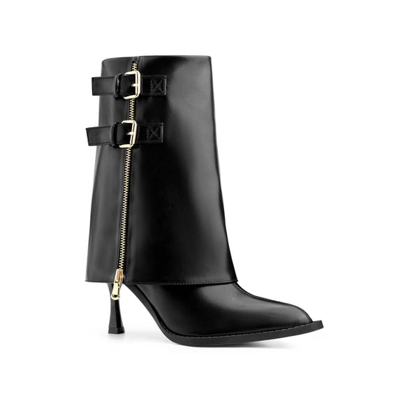 BLISSFUL STEP Women's Boots Mid-Calf Stiletto Heel Pointed Toe Buckle Zip Faux Leather Boots Black 10