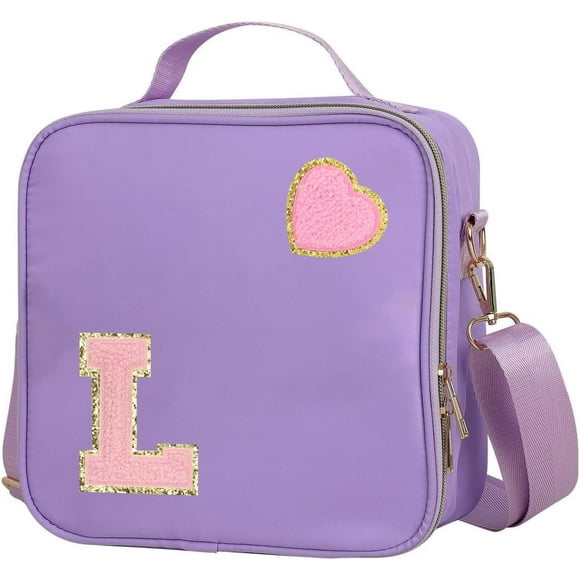 shiyou-Insulated Nylon Lunch Box for Girls, Kids, and Women-Stylish Purple Preppy Large Lunch Bag with Adjustable Strap (Letter L), Tote for School, Travel, and Picnics-Ideal Preppy Stuff Choice