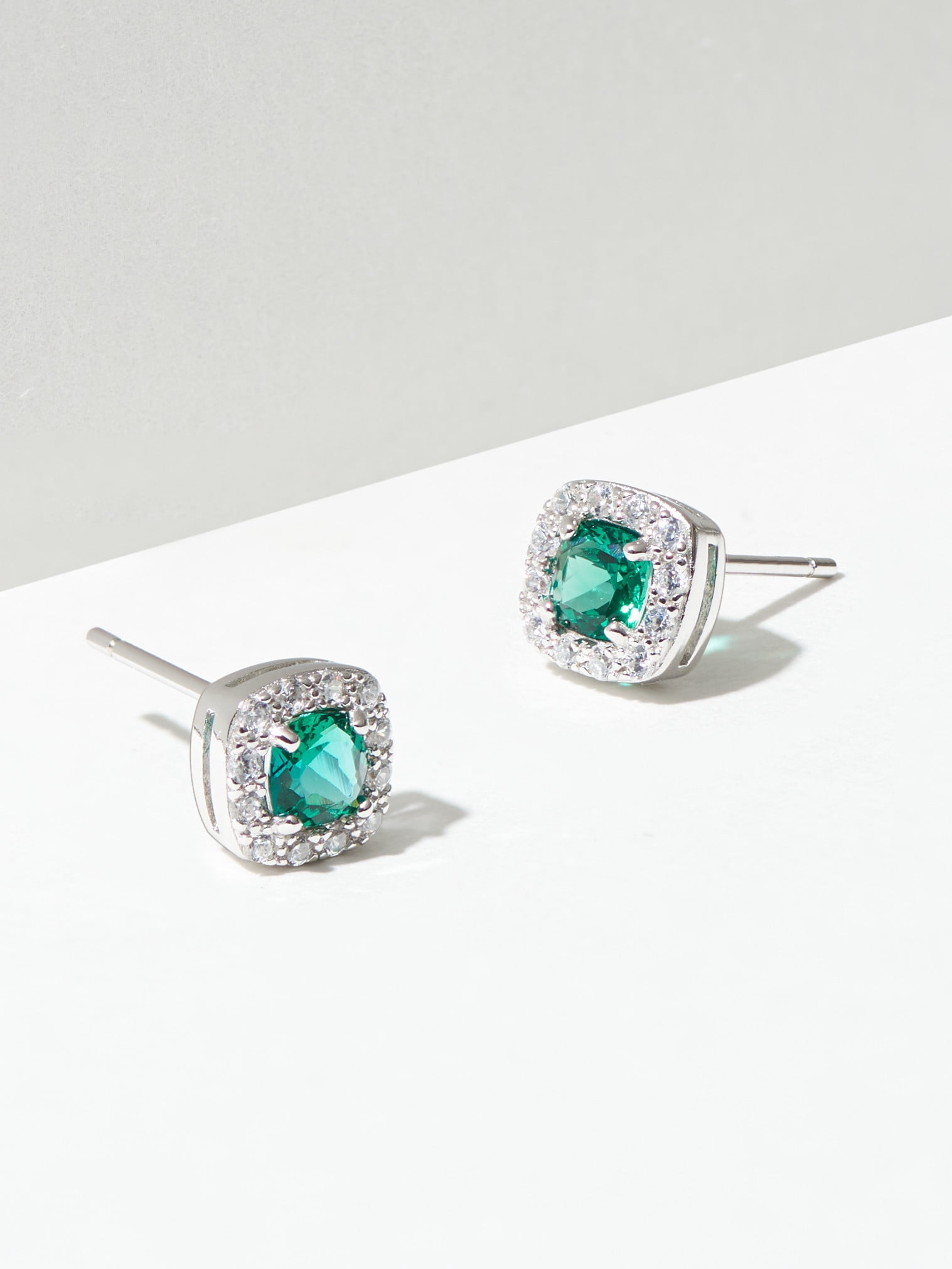 Forever Facets Women's Platinum over Sterling Silver Created Emerald and CZ Stud Earrings