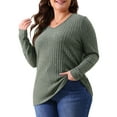thumbnail image 2 of DARING DIVA Women's Plus V Neck Long Sleeve Basic Ribbed Blouse 1X Green, 2 of 6