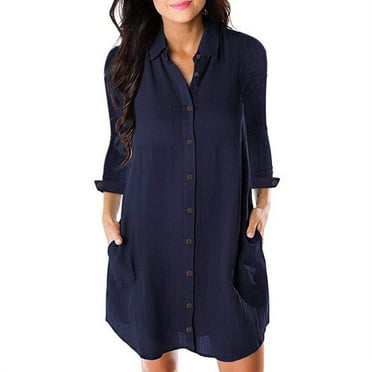 Women's Button Down Dress Long Sleeve Casual Loose Swing Tunic Dress with Pocket