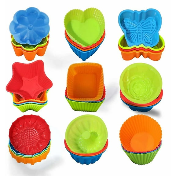 Cribun Silicone Cupcake Liners,24 Pieces Nonstick Nonstick Reusable Muffin Cups for Kids Baking, 4 Shapes Round Star Heart Rose,Square,Multi Colors