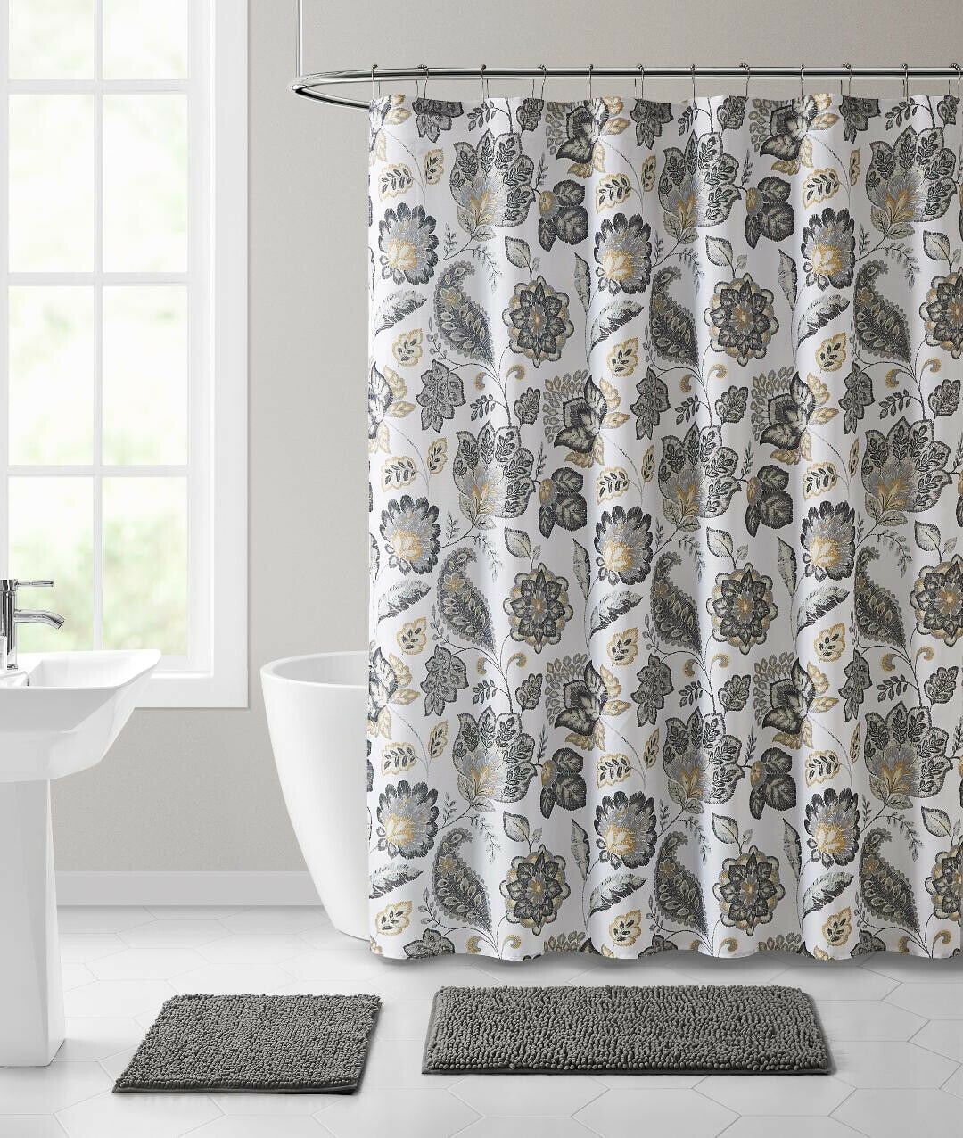 Paisley Ethnic Flower Bathroom Waterproof Fabric Shower Curtain Hooks Mat 60/72" 