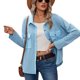 thumbnail image 1 of Chaqueta de manga larga para mujer, moda informal, color puro, cuello vuelto, prendas de vestir con botones y bolsillo, color azul S, 1 of 8