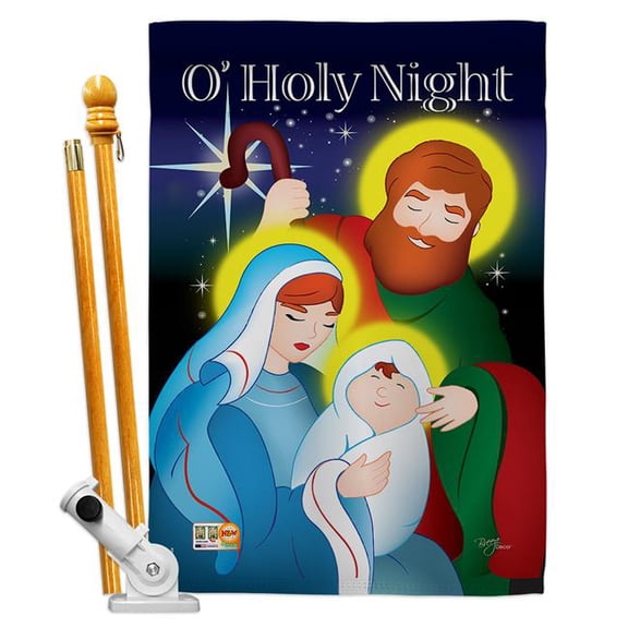 Breeze Decor BD-NT-HS-114077-IP-BO-D-IM10-BD 28 x 40 in. O Holy Night Winter Nativity Impressions Decorative Vertical Double Sided House Flag Set & Pole Bracket Hardware