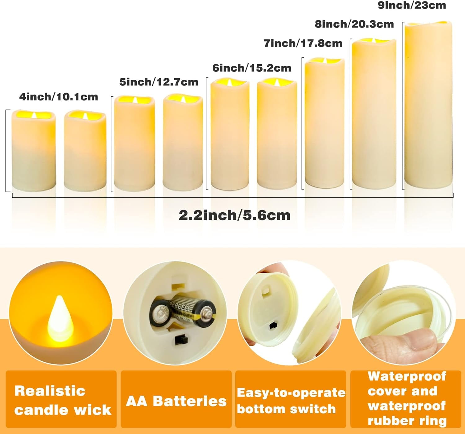 OSHINE Flameless Candles Set of 9 Plastic LED Pillar Candles Battery Operated Candles Outdoor Waterproof Ivory Frosted with 10-Key Remote and Timers